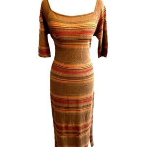 VTG 90s Ralph Lauren Western Knit Dress Multi Stripe Boho Tribal Earthy Square M